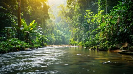 Serene river flowing through a lush rainforest, surrounded by vibrant greenery and exotic wildlife