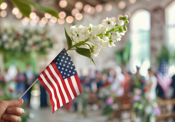 A group of people holding an American flag at a naturalization ceremony, with a blurred background showing other guests and decorations. The image is in the style of an anonymous artist.