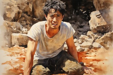 Injured Man Trapped After Natural Disaster, Earthquake Or Landslide, Watercolor Painting