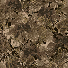 Brown monochrome seamless pattern with lush foliage, leaves, pieces of hexagon net. Wild nature. For apparel, fabric, textile, sport goods design.
