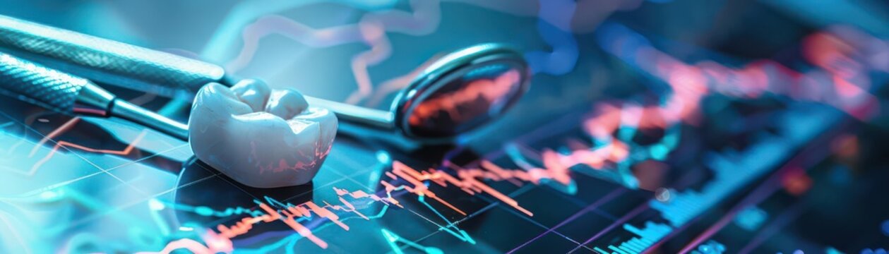 watercolor style,  of dental tools with stock market charts, dentist care, investment strategy visual