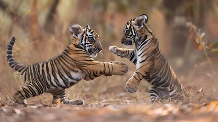 Tiger cubs at national park practice fight by playing with each other