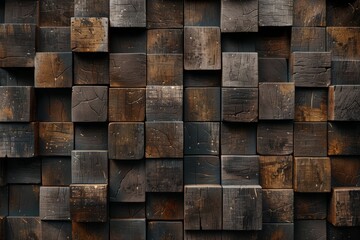 Natural wood finish wallpapered walls with wood panels. Wallcoverings of wooden, tiled, and square blocks.