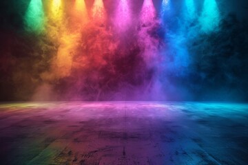 In the dark stage show, dark blue, purple, pink backgrounds, neon lights, spotlights, and smoke floating up the interior surface, products are displayed in the studio room.