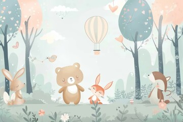 Kids room wallpaper with animals and pastel colors. Animated digital art.