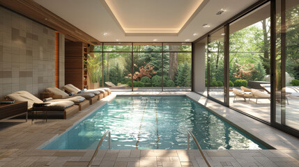 Fototapeta premium A large, modern swimming pool with a glass ceiling and a view of trees. The pool is surrounded by lounge chairs and a vase