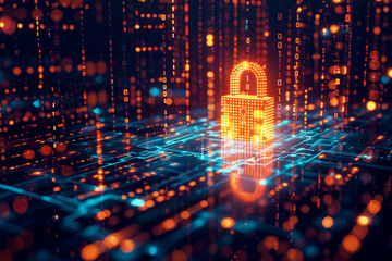 This image shows a padlock symbol glowing in bright orange hues placed over a detailed, digital-like circuitry background filled with data points.