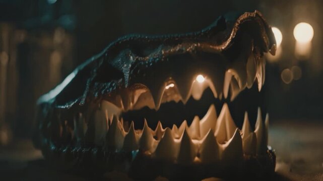 Giant scary monster jaws lying on a floor of a dungeon or laboratory. Magical artifact. Fantasy, sci-fi, horror movie. Cinematic. Hunger, fear, predator concept. Dragon jaw with big sharp teeth. Scary