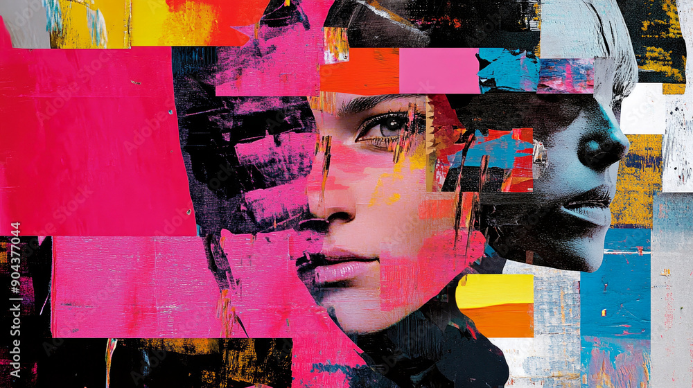 Poster this image features an abstract collage of vibrant colors with layered portraits, blending in expres