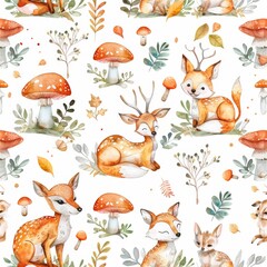 Watercolor Hand drawn boho illustration of baby foxes and deer. Perfect for phone cases, nursery posters, postcards.
