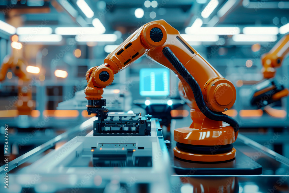Poster a robotic arm employed in a high-tech manufacturing factory efficiently handling tasks with precisio