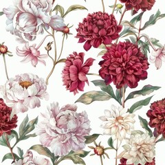 Watercolor peonies, daturas, dahlias, and tulips appear in this seamless pattern