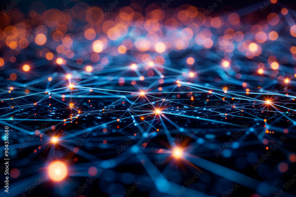 Poster a digital abstract representation of a network with interconnected glowing nodes and lines, illustra