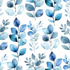 Seamless tropical watercolor pattern. Hand painted artistic ornament for posters, prints, banners, invitations, cloths, and wallpapers. Paper texture. Pastel blue.