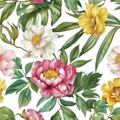 Seamless watercolor floral pattern with large watercolor peonies. Hand painted.