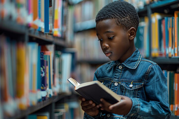 "Adorable African American Boy Reading a Book in the Library"