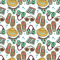 Vector hand drawn seamless pattern. Summer vacation theme,tropical  beach party.