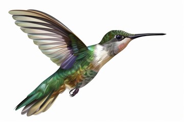 A hummingbird hovers in mid-air, its wings beating rapidly as it feeds on nectar. The bird's iridescent feathers shimmer in the sunlight.