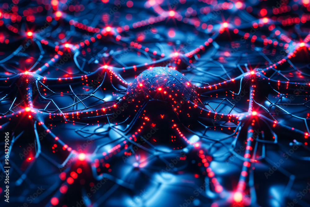 Poster a digital illustration depicting a network of neural connections illuminated with red dots, symboliz