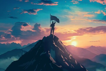 Conquer the Heights: Man on Mountain Top with Flag Against Colorful Sky
