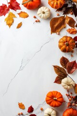 Harvest Season Vibes: Pumpkins and Leaves Arrangement on White Background
