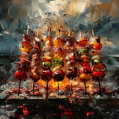 Grilled meat over a fiery barbecue at night, surrounded by glowing flames and smoke