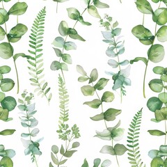 Watercolor eucalyptus branches seamless pattern on a white background. Hand painted floral texture.