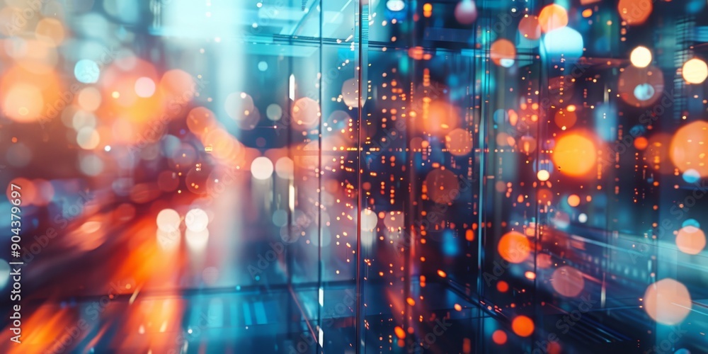 Poster abstract digital cityscape with glowing lights and data streams representing technology and innovati