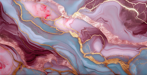 Elegant pink and blue marble texture with golden veins in smooth design