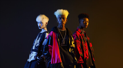 Fototapeta premium three adolescents from different racial backgrounds (Black, albino White, and Asian) dressed in fashionable urban attire