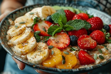 Colorful Breakfast Bowl With Fresh Fruits and Toppings on a Rustic Table