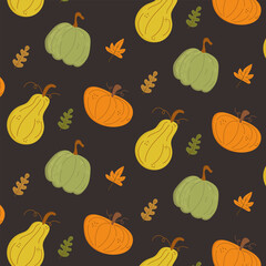 Autumn pattern with pumpkins of different shapes and leaves in the flat style.