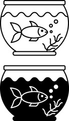 Aquarium Icons. Black and White Vector Icons of Aquarium with Floating Fish. Pet Concept
