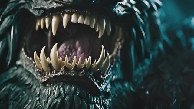 Fantasy monster opening sharp jaws, werewolf or beast. Fantasy horror movie cinematic footage. High quality 4k footage