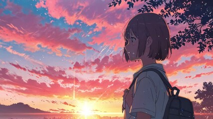 Lofi anime school girl with sunset background, seamless looping time-lapse virtual 4k video animation background