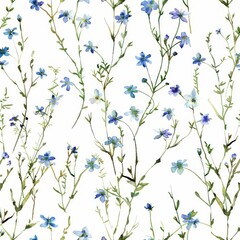 The seamless watercolor pattern features wild flowers in blue and white over a light background. Illustration of floral fabric textile packaging designs.