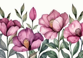 Flowing watercolor rose seamless border with pink buds, eucalyptus leaves, and buds. Suitable for wedding stationery, cards, textiles, etc.