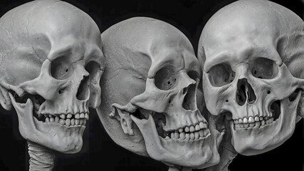 Naklejka premium Three Human Skulls in Monochrome – Eerie and Thought-Provoking Symbol of Mortality and Anatomical Dramatic Art. Perfect for Halloween