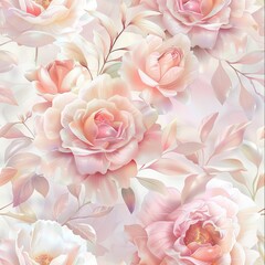 The watercolor seamless floral pattern includes garden tea flowers, roses, and pink leaves on a white background. Perfect for wallpaper, wrapping paper, fabric design, and digital printing.