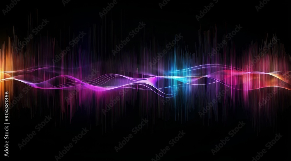 Poster a captivating and dynamic depiction of intricate sound waves rendered in vibrant colors on a deep bl