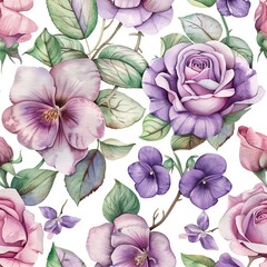 Seamless watercolor illustration with floral leaves and flowers. This illustration is suitable for use in design or product design. The colors are pink and purple. Spring, a bouquet, springtime.