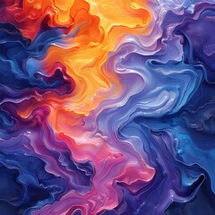 Fototapeta premium Seamless abstract pattern featuring hearts in a vibrant mix of orange, blue, and yellow, with swirling lines and geometric elements for a stylish decorative design