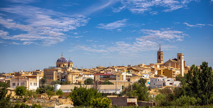 Panoramic view from a distance of Requena, Valencia, with the skyline of the city where the towers of its churches stand out