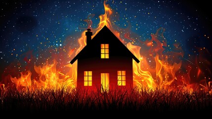 Fototapeta premium A house is on fire and surrounded by flames