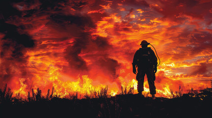 Obraz premium A firefighter stands in front of a burning forest