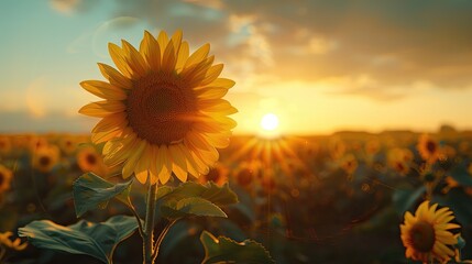 A sunflower is in the foreground of a field of sunflowers