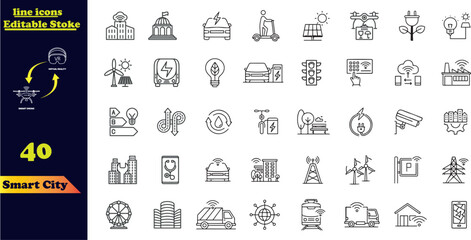 Smart city line icon set with infrastructure efficiency tech, future digital urban, autonomous building .