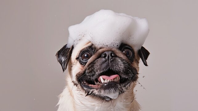 Cute pug dog washing in the shower with soap foam.