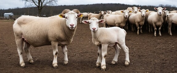 Countryside view with sheeps. Rural nature animals farm.