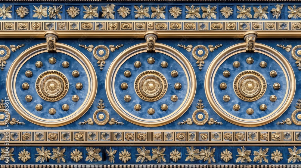 Poster decorated wall showcases classical architecture with ornate details and columns, reflecting elegance